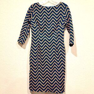 Young Threads Zig Zag Bodycon 3/4 Sleeve Dress Blue Orange Darts Women's size L